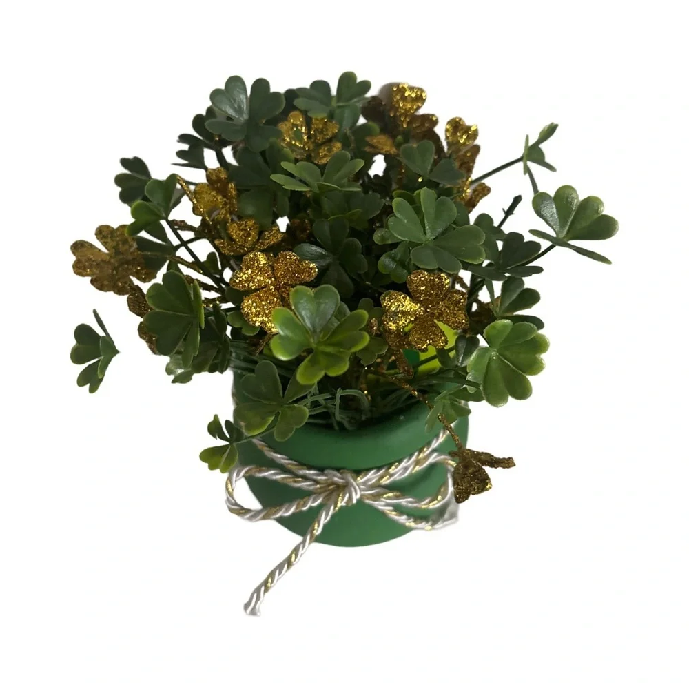 St Patricks Day Table Top Decor Green Gold Decorative Four Leaf Clover Plant Pot